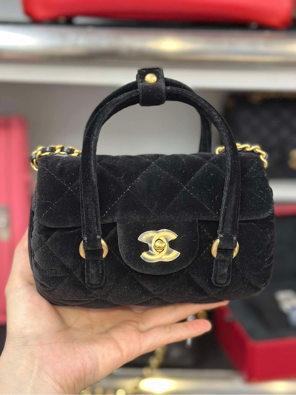CHANEL Black Quilted Velvet Mini Top-Handle Bag with Gold Hardware